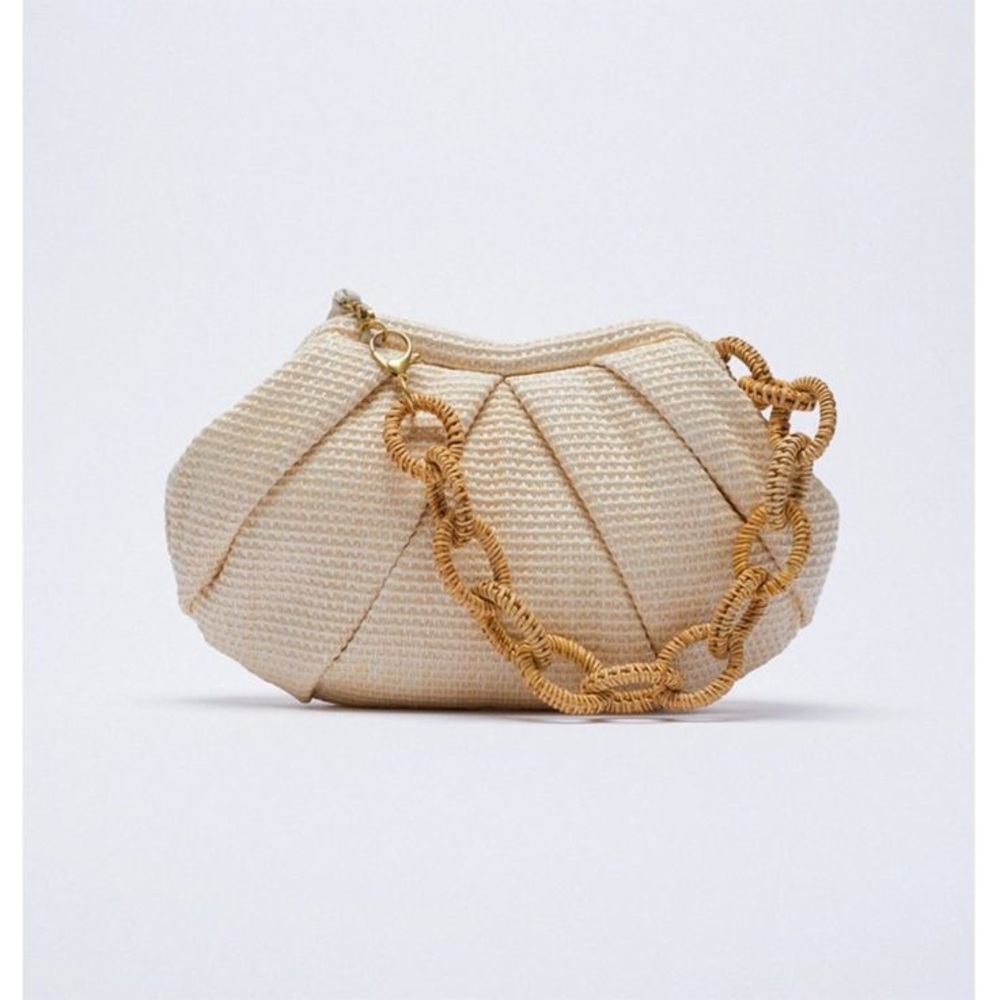 Zara Raffia Chain Link Woven Shoulder Bag Clutch In Natural